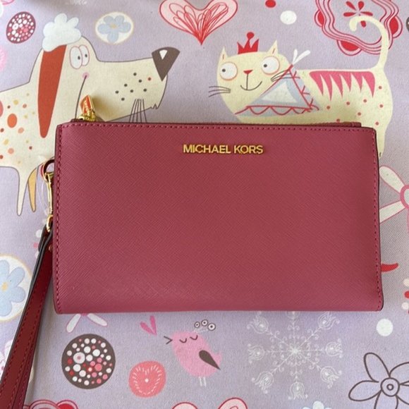 Michael Kors Jet Set Travel Large Double Zip Wristlet Wallet Rosewood Leather - Picture 8 of 15